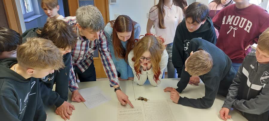Die Klasse 7B studiert im Fuggerarchiv in Dillingen mit Archivleiter Dr. Birkle Originaldokumente aus dem 16. Jahrhundertjpg web